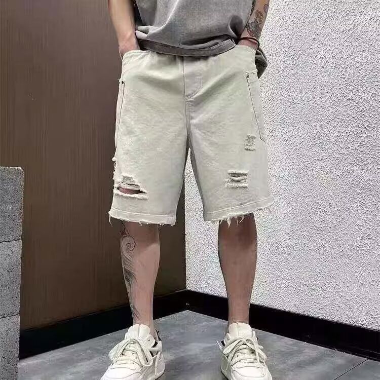 白色牛仔五分裤女直筒宽松2026年夏季新款破洞中裤薄款高腰短裤潮