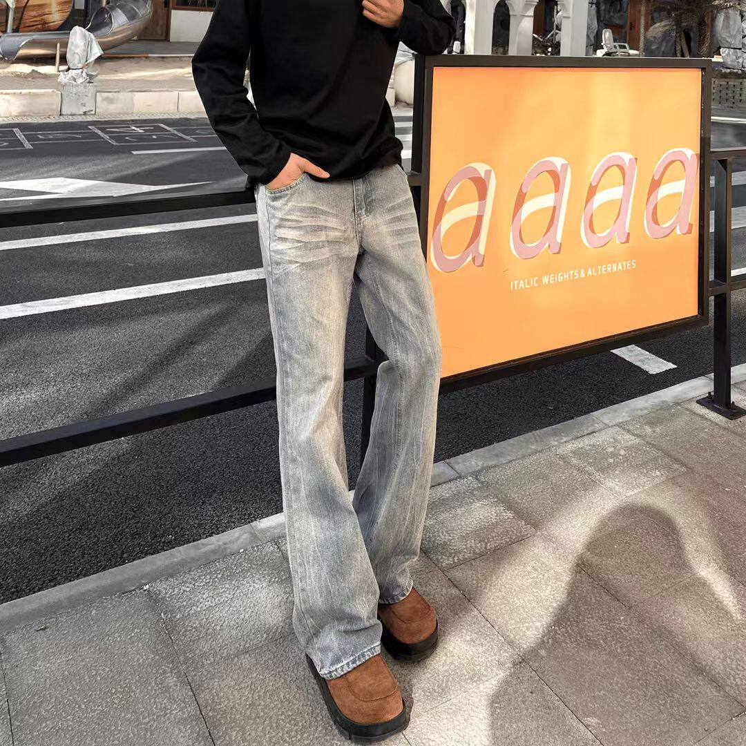 美式高街复古水洗做旧扎染设计感牛仔裤男宽松微喇叭cleanfit裤子