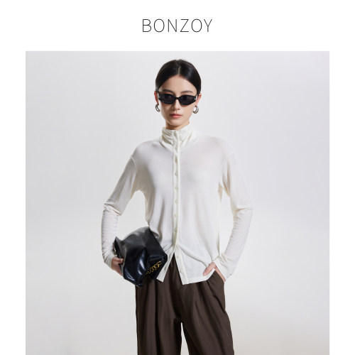 BONZOY莱赛尔羊毛立领女针织衫