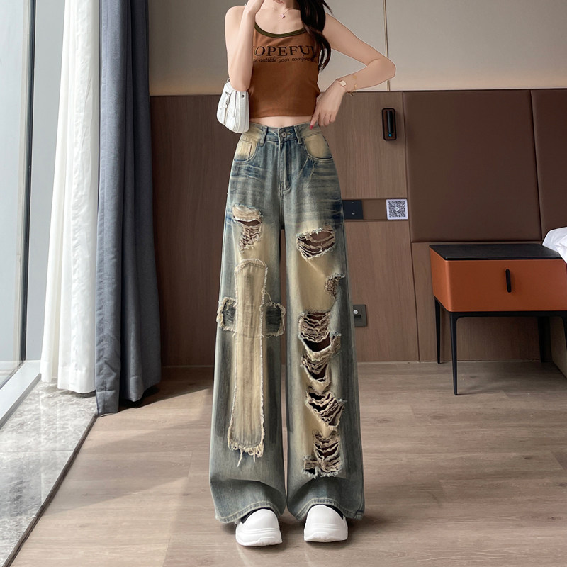 复古破洞阔腿牛仔裤女2025夏季薄美式辣妹宽松直筒补丁贴布乞丐裤