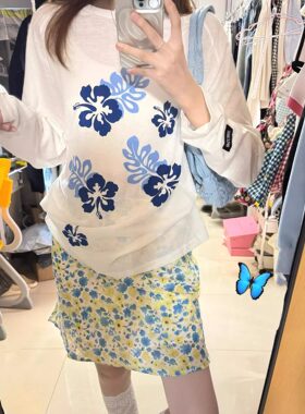 2025新款夏日ootd穿搭印花白色长袖T恤上衣女宽松薄纱款防晒罩衫