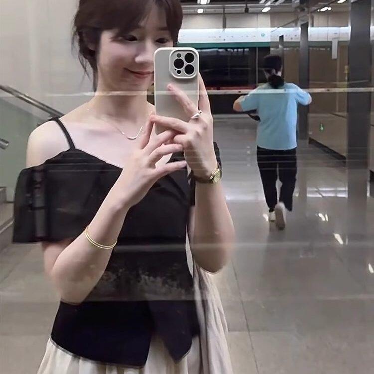 法式黑色荷叶边一字肩短袖t恤女夏季薄款小个子修身短款露肩上衣