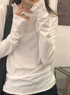 韩系卷边白色正肩长袖t恤女春秋内搭打底衫修身显瘦基础百搭上衣