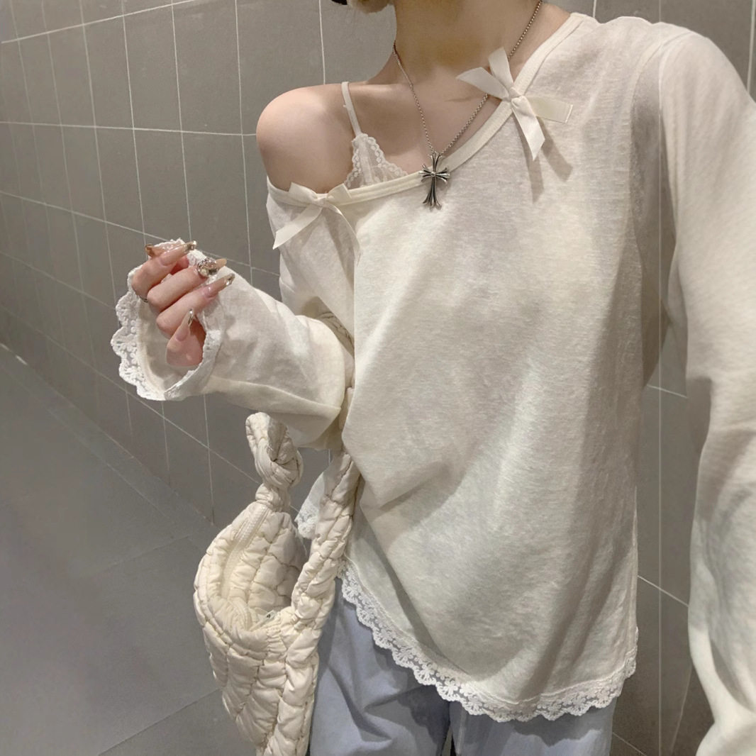 斜领蝴蝶结长袖防晒T恤女