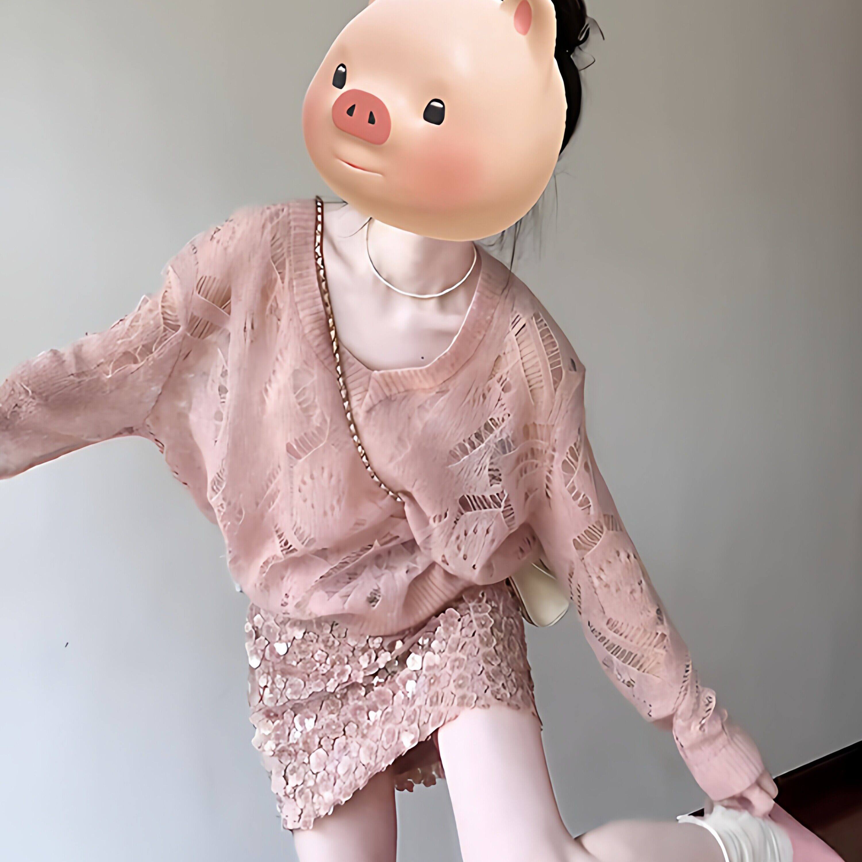 粉色镂空V领长袖针织衫女