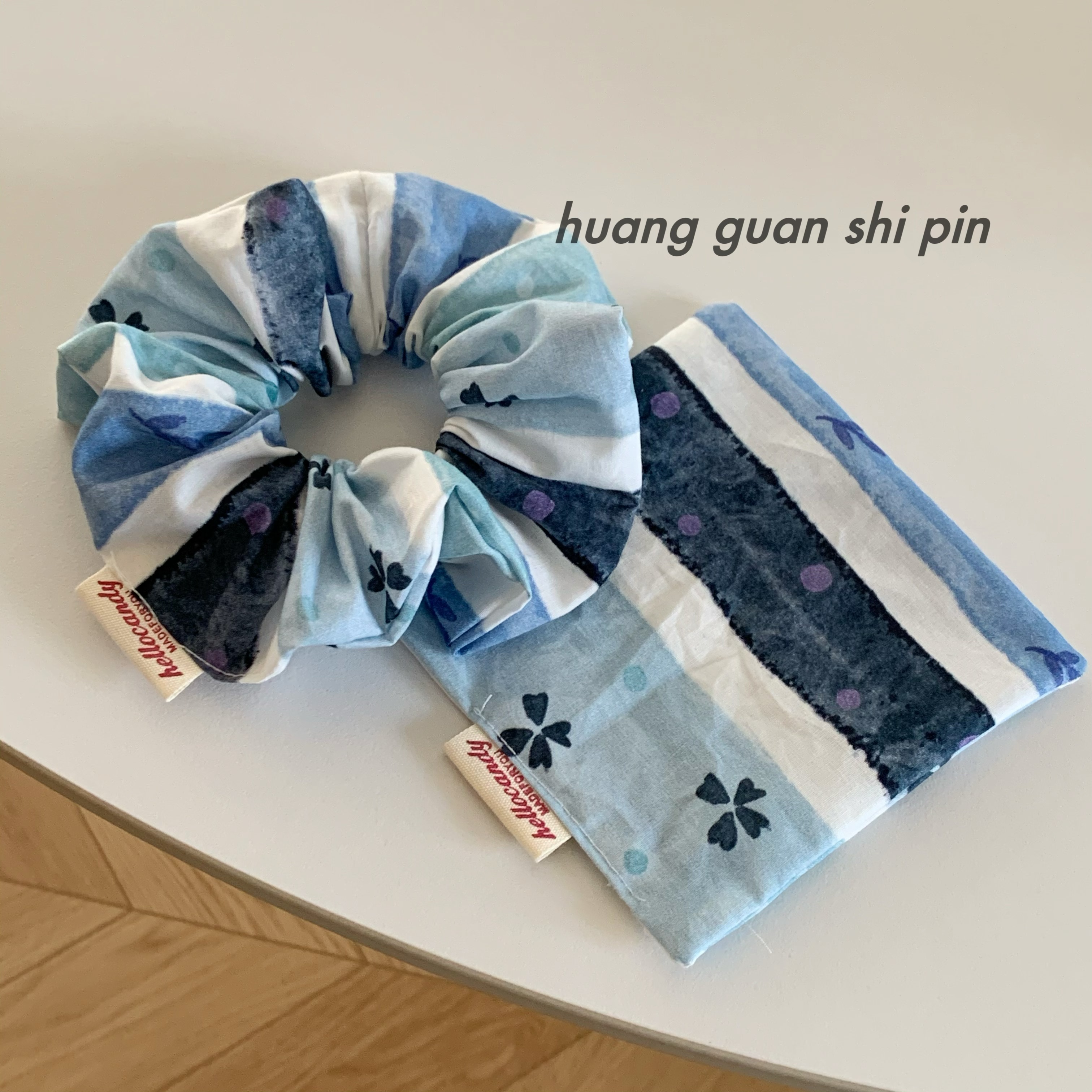 「凰冠手作」秋冬油画风海蓝色条纹布艺大肠发圈小花低马尾发绳