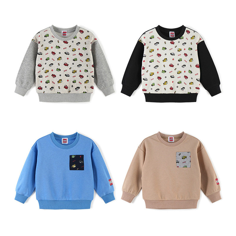 男童汽车图案毛圈卫衣纯棉儿童卡通机车套头衫棉圈上衣100-140码