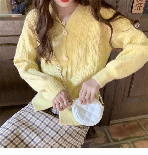 麻花开衫毛衣女2023年网红爆款时尚减龄上衣V领针织衫春秋外套