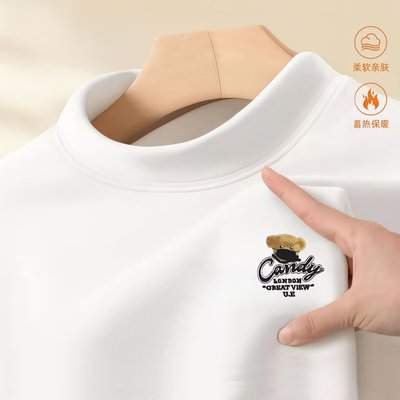 双面德绒半高领打底衫男款加绒加厚重磅卫衣白色内搭上衣长袖t恤