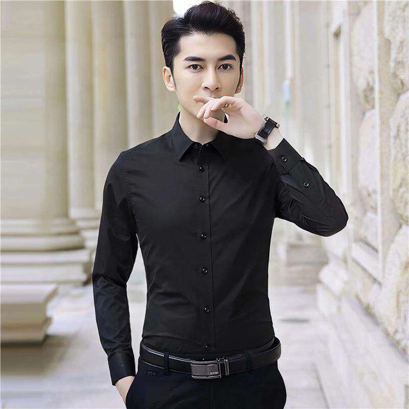 白衬衫男士长袖商务职业正装免烫弹力韩版修身西装工作服黑色衬衣