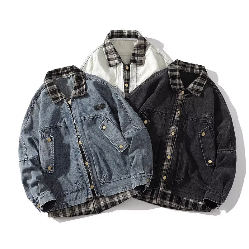美式复古假两件格子拼接牛仔外套男春秋季款情侣潮牌水洗痞帅夹克
