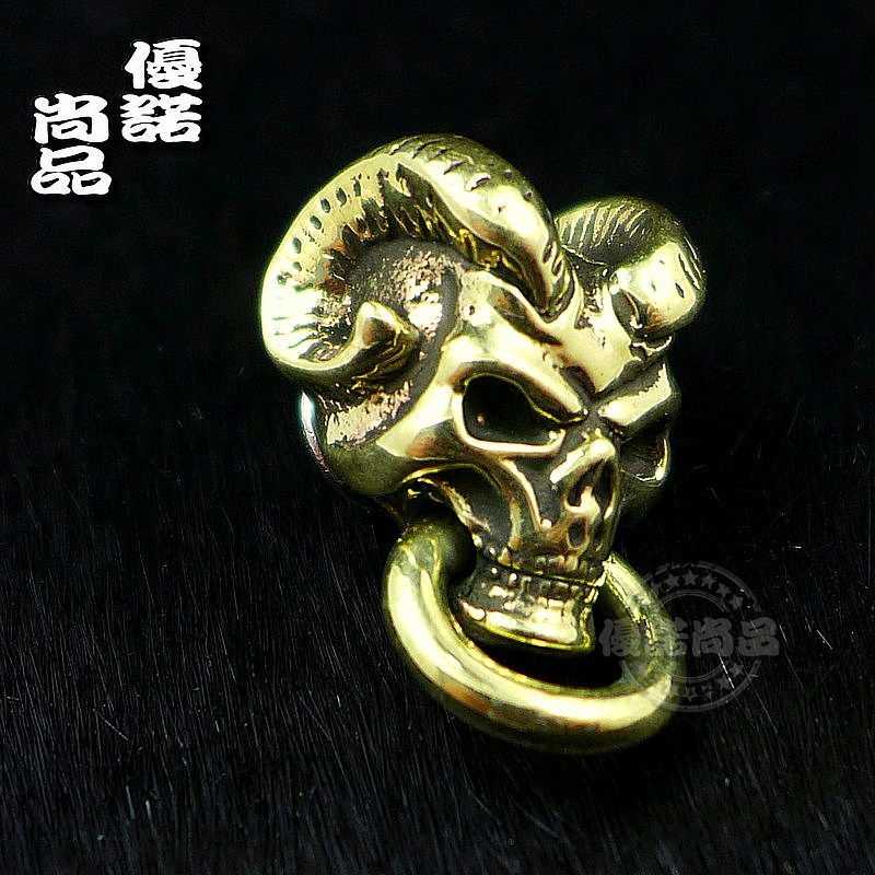 个性财布扣手工皮雕钱包黄铜和尚头羊角般若恶魔骷髅财布链钩扣