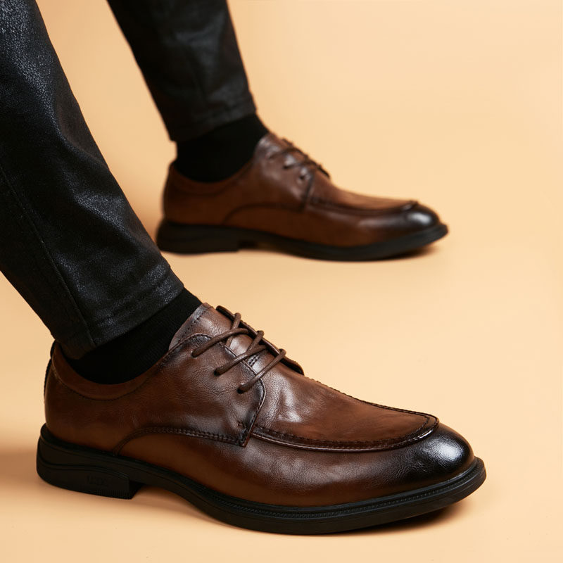 皮鞋男商务正装真皮韩版休闲潮流英伦尖头高端软底棕色内增高男鞋