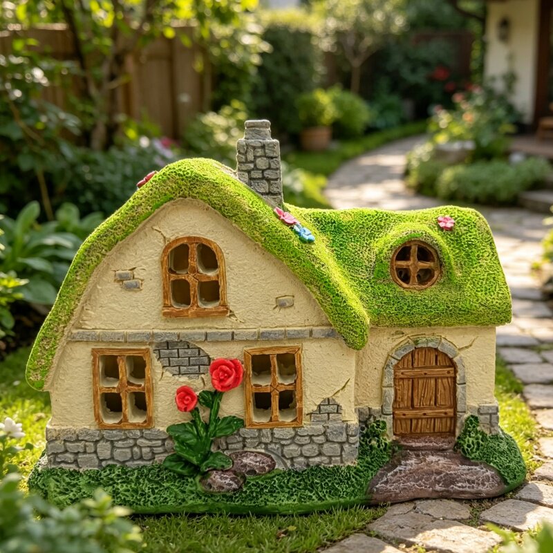 童话小屋摆件太阳能发光庭院花园造景装饰阳台微景观树脂房子夜灯