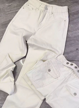 欧洲站2025冬季新款加厚磨毛白色牛仔裤窄版直筒显瘦纽扣设计款女