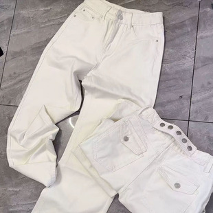 欧洲站2025冬季新款加厚磨毛白色牛仔裤窄版直筒显瘦纽扣设计款女