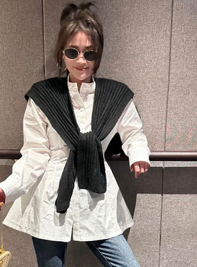 LIAN里安家高品质收腰圆领白色衬衫长袖+针织披肩两件套显瘦上衣