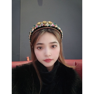 原创手工巴洛克发饰镶钻黄彩水晶发箍女高颅顶闪钻发卡女宽边宝石