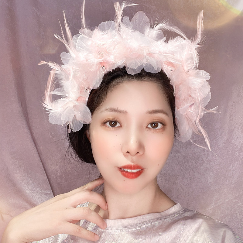 粉羽毛花朵发箍镶钻森系发卡带齿