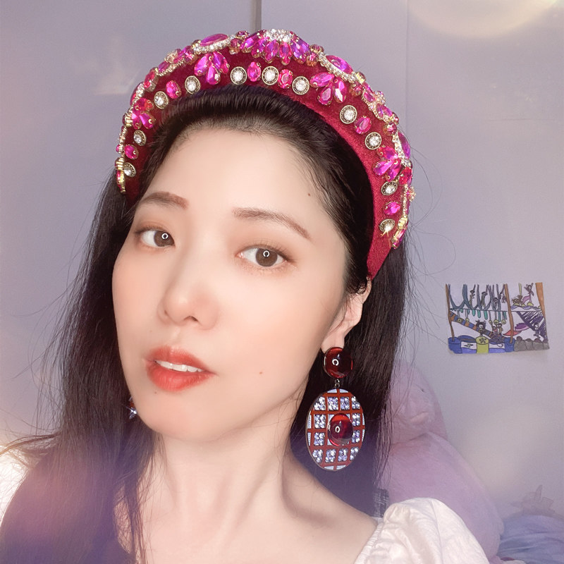 宫廷风玫红镶钻发箍高颅顶水晶