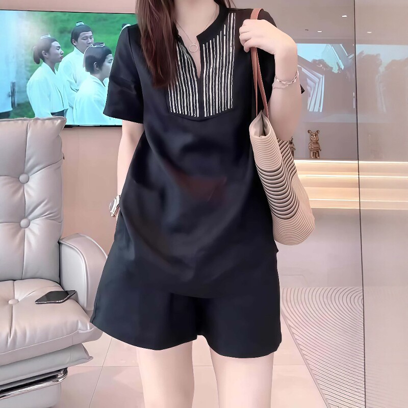 素雅订制女装原创品牌法式洋气短袖小衫高级高腰阔腿短裤两件套装