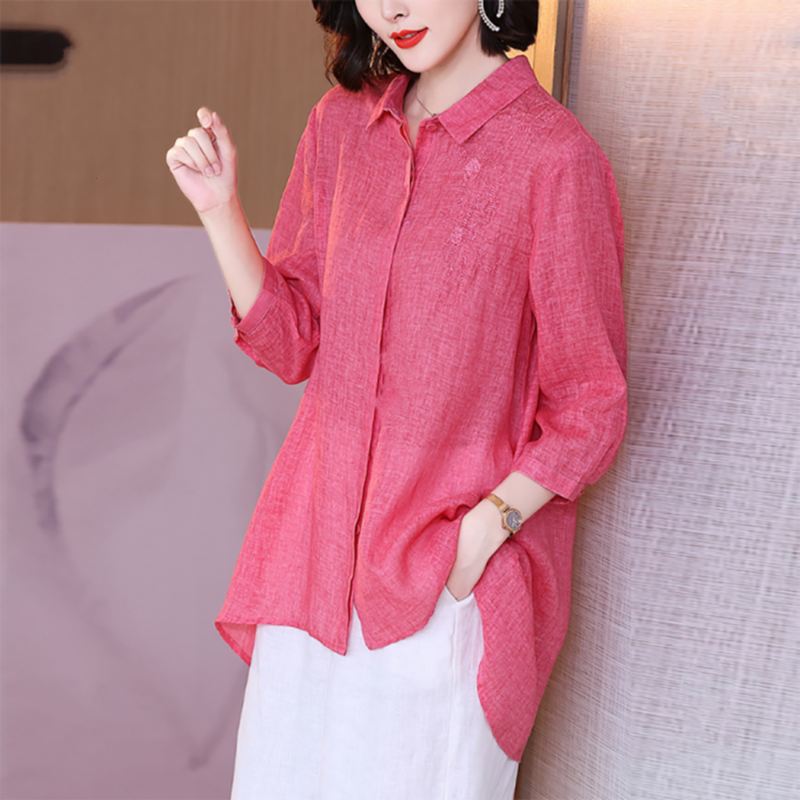 素素素订女装原创品牌旗舰店2023秋苎麻轻薄刺绣衬衫前短后长衬衣