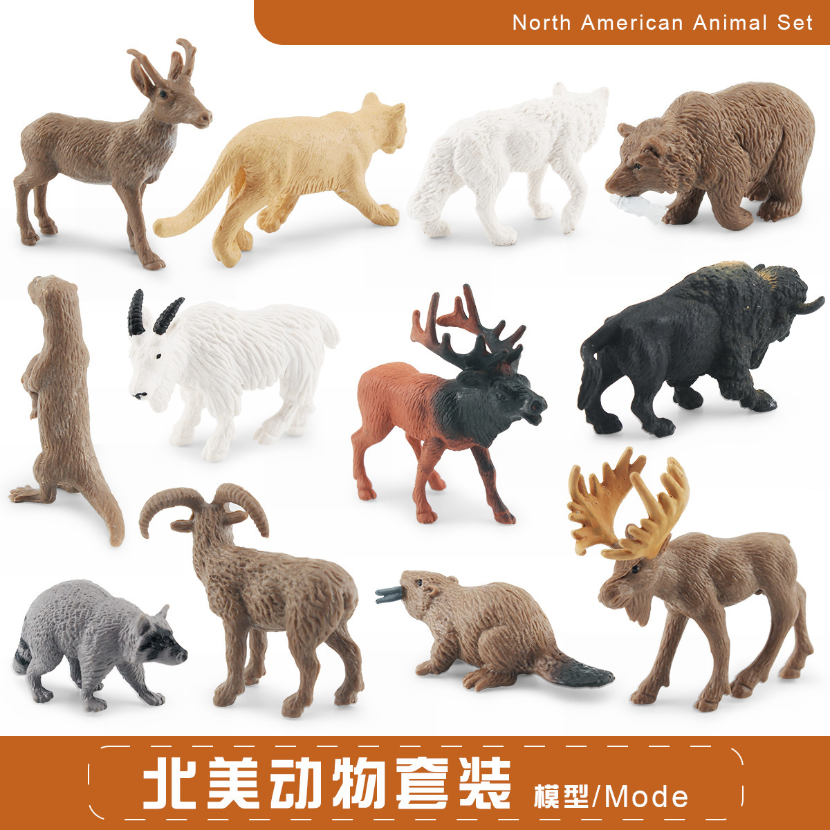 仿真北美野生动物模型美洲狮浣熊灰熊麋鹿水獭海狸叉角羚玩具摆件