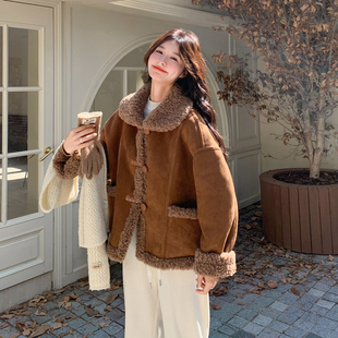 棕咖牛角扣两面穿羊羔毛皮毛一体棉衣 P225K338 现货2D078 Y3362