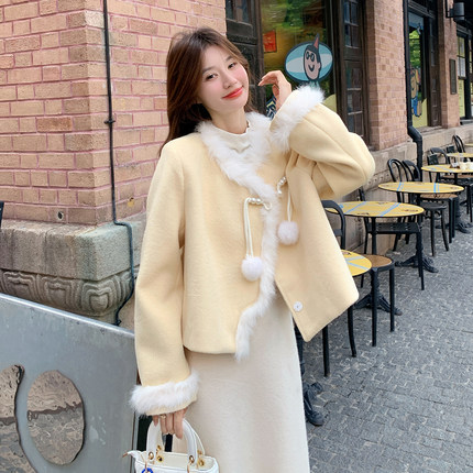 现货2D078-W6741-P195K298白毛条装饰清雅国风呢大衣夹棉