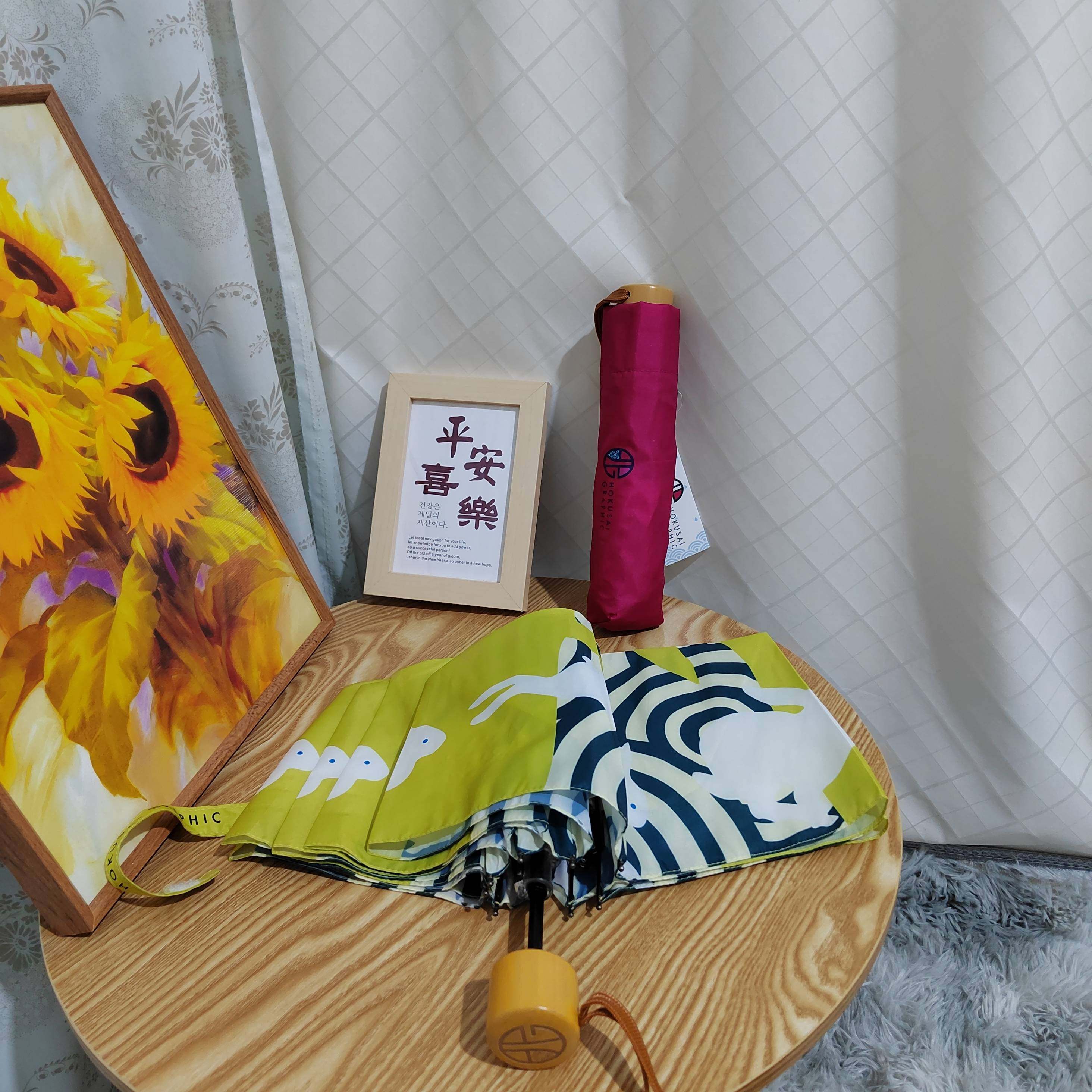 出外贸殿堂级清新小白兔简约印花三折无黑胶抗uv晴雨伞绘画风格款