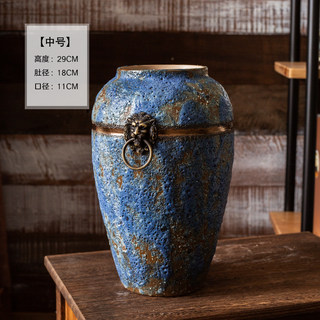 复古蓝中式陶瓷花瓶做旧陶罐客厅插花花器摆件粗陶花瓶三件套