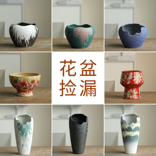 景德镇缺口老桩多肉陶瓷花盆黑法师悬崖桩粗陶特大号高款清仓花瓶