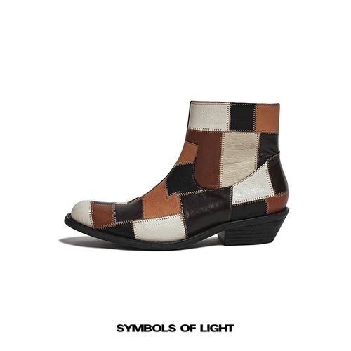 SYMBOLS OF LIGHT棕域拼色切尔西靴侧拉链真皮拼皮短靴男女时装靴