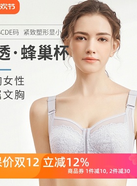 夏季大胸显小内衣女无钢圈全罩杯E 透气薄款蕾丝防下垂调整型文胸