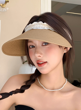 蕾丝花边空顶帽女夏季大帽檐无顶透气遮阳防晒帽海边太阳帽出游潮