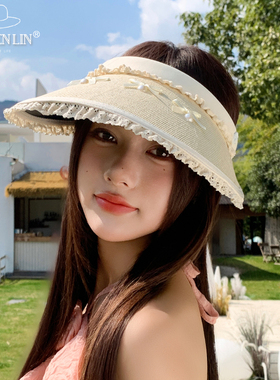 蕾丝花边珍珠蝴蝶结草编空顶帽女夏天黑胶大檐遮阳防晒户外太阳帽