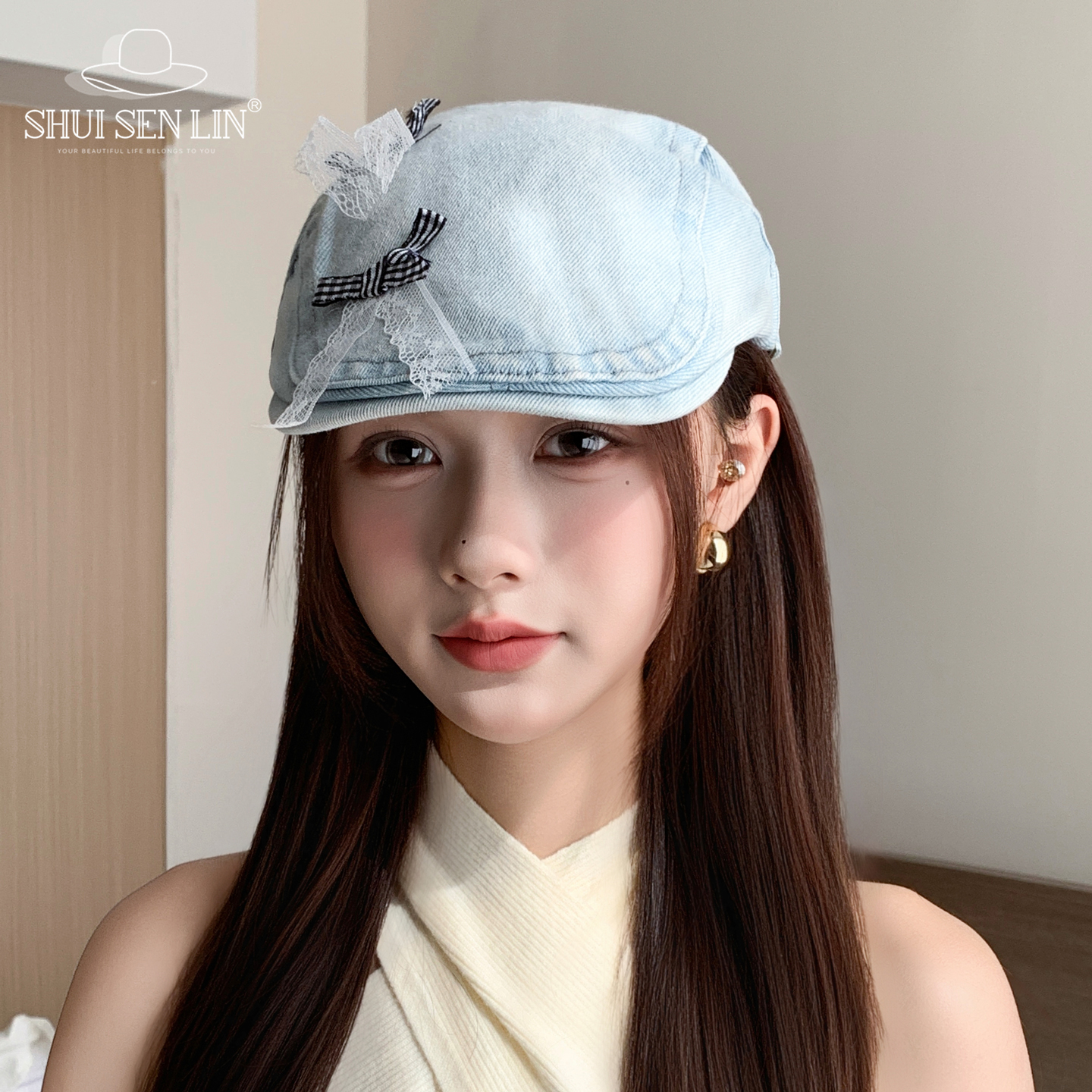 前进帽子女春秋小清新蕾丝贝雷帽