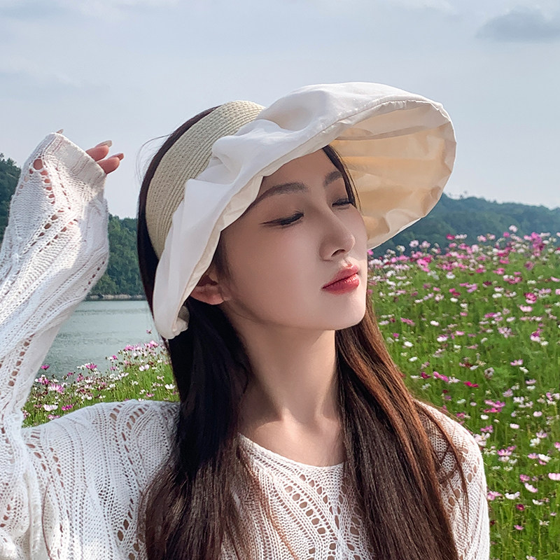 夏季防晒帽女新款蕾丝防紫外线太阳帽子发箍大帽檐空顶遮阳帽度假