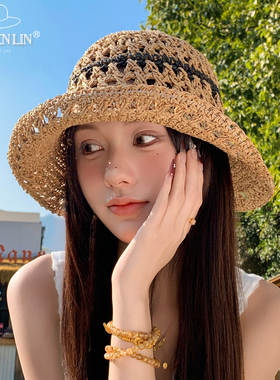 春夏新款条纹镂空编织草帽女海边遮阳帽防晒渔夫帽大檐可折叠百搭
