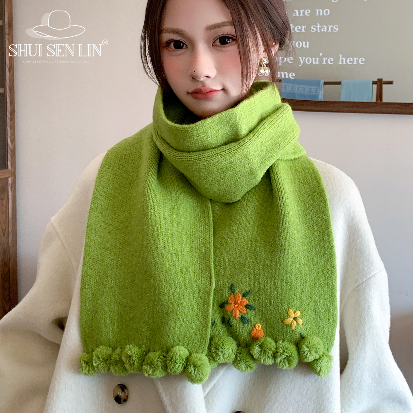 复古刺绣小花球球围巾女秋冬时尚百搭保暖针织围脖韩版甜美高级感