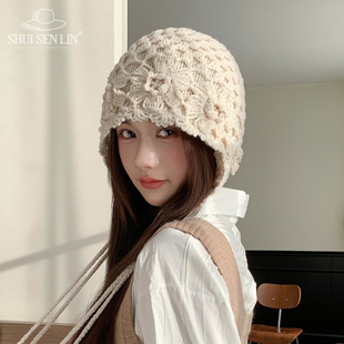 秋冬季手工编织女立体花朵时尚保暖针织毛线帽子显脸小流苏包头帽