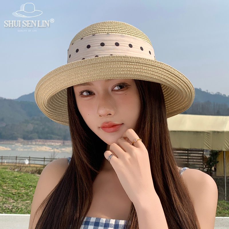 2025新款优雅波点蝴蝶结丝带卷边大檐草帽女春夏季出游防晒渔夫帽
