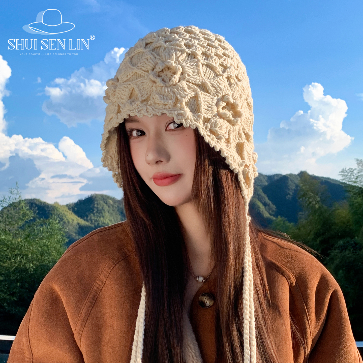 民族风手工钩花流苏针织毛线帽子女秋冬保暖毛线帽护耳花朵包头帽