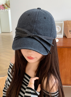 牛仔时髦休闲立体蝴蝶结棒球帽女春夏百搭圆脸鸭舌帽韩版简约鸭舌