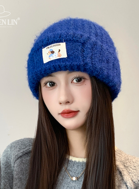 蓝色毛线帽女款秋冬加厚保暖针织帽大头围显脸小护耳包头百搭冷帽