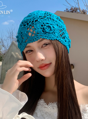 手工编织钩花镂空堆堆帽蓝色春夏薄款女复古民族风甜美针织包头帽