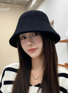 帽子女羊羔毛秋冬季渔夫帽显脸小黑色百搭简约水桶帽大脸保暖盆帽