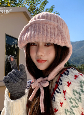 氛围感韩系ins粉色针织毛线帽子女秋冬保暖护耳飞行帽可爱雷锋帽