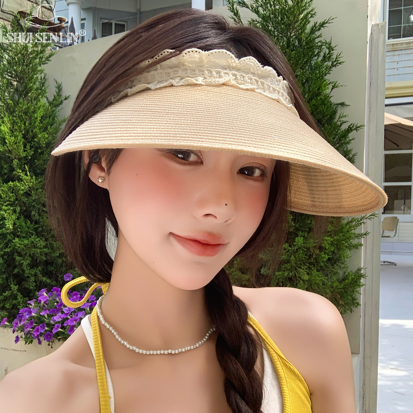 法式蕾丝花边草编发箍空顶帽女夏季新款海边度假沙滩太阳帽防晒帽