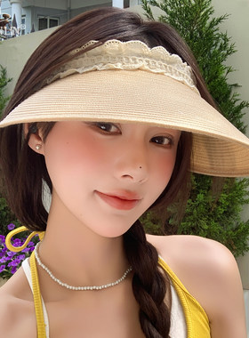 法式蕾丝花边草编发箍空顶帽女夏季新款海边度假沙滩太阳帽防晒帽
